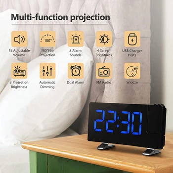 Projekcijas Modinātājs, 7 collu LED Izliekti-Sn Lielu Ciparu Displejs, Pielāgot Spilgtumu Automātiski, 12/24 Stundu,Dual Alarm C