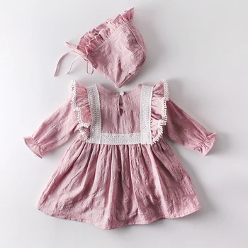 Baby Girl jumpsuit Pavasara Rudens Jaundzimušā Apģērbu Princese Mežģīnes garām piedurknēm Kleita Romper +Cepure 2gab Uzvalks