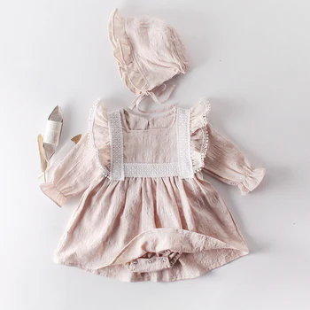 Baby Girl jumpsuit Pavasara Rudens Jaundzimušā Apģērbu Princese Mežģīnes garām piedurknēm Kleita Romper +Cepure 2gab Uzvalks