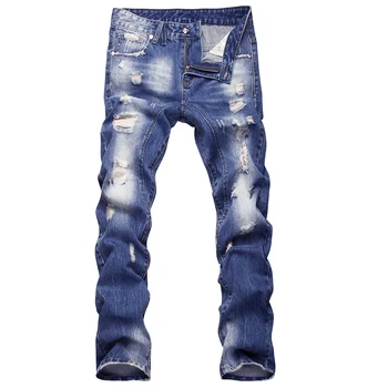 Modes ripped džinsi vīriešu Plāksteris Ubags Bikses Kabatas Džinsi Vīriešu džinsa bikses taisni retro jean vīriešiem problemātisko džinsi caurums