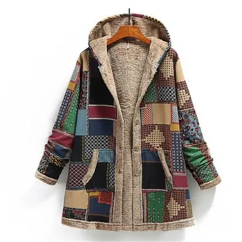 Elegants ziemas jaunā stila sieviešu kokvilnas un lina iespiesti kapuces džemperis silta plīša jaka modes vaļēju mēteli, bieza, silta jaka