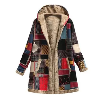 Elegants ziemas jaunā stila sieviešu kokvilnas un lina iespiesti kapuces džemperis silta plīša jaka modes vaļēju mēteli, bieza, silta jaka