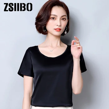 Vintage Sieviešu Zīda Blūze 2019 Vasaras OLA Darba Satīna Krekls Korejas Elegants, Liela izmēra īsām Piedurknēm top Plus Lieluma Sieviešu Apģērbu