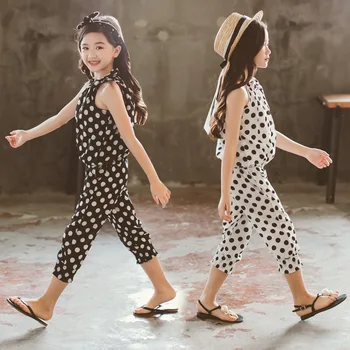 Bērnu Apģērbu Komplekti 2020. Gada Vasaras Meiteņu Sporta Tērps Kokvilnas Dot bez Piedurknēm Topi+Bikses 2gab Pusaudžu Meiteņu Drēbes, 4 6 8 10 12 Gadiem