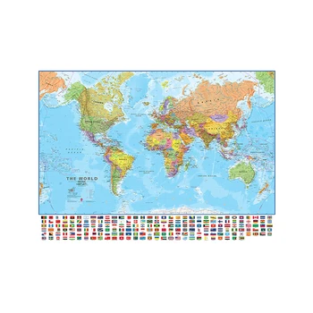 Pasaules Politiskās Fizisko Kartes 150x225cm Salokāms Pasaules Karte ar Valsts Karogi, Kultūras un Izglītības Sienas Dekori Attēlu