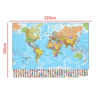 Pasaules Politiskās Fizisko Kartes 150x225cm Salokāms Pasaules Karte ar Valsts Karogi, Kultūras un Izglītības Sienas Dekori Attēlu