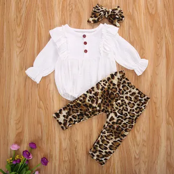 Jaundzimušais Zīdainis, Mazulis Meiteņu Drēbes, Uzstādīt Cietā Ruffles Romper Top+Leopard Bikses Rudens Bērns Ar Garām Piedurknēm Apģērbs