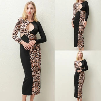 Jauno Modes Kleita Leopards Drukāt Garām Piedurknēm Sexy Dziļu V Slim Gurniem Sieviešu Dobi Krāsu Ielikt Izšūšanas Kleita