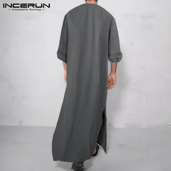 INCERUN Musulmaņu Vīriešu Islāma Kaftan Arābu garām Piedurknēm Pogas Cietā Kabatas Modes Abaya Dubaija Tuvajos Austrumos Caftan Vīriešiem Jubba Thobe