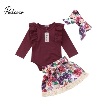 2018 Brand New 0-24M Jaundzimušā bērna Baby Meiteņu Apģērbu Komplekti 3PCS Ruffles Cietā garām Piedurknēm Romper Topi Ziedu Svārki+Galvas stīpa