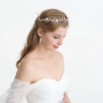 SLBRIDAL Rose Gold Kristāla Rhinestones Pērles Ziedu Kāzu Matu aksesuāri Hairband Līgavas Galvas Bridesmaids Rotaslietas Sievietes
