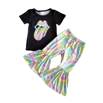 Gudrs modeli bērnu modes meitene apģērbs ar īsām piedurknēm krekls un bell bikses 2 gab baby meitenes kaklasaišu krāsošanas dizaina apģērbs