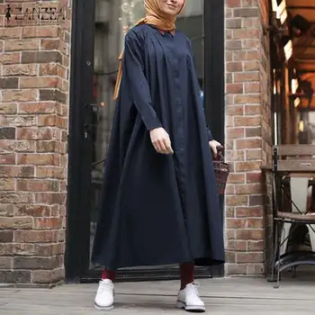 ZANZEA Plus Lieluma Musulmaņu Kleita Sievietēm Vintage garām Piedurknēm vienkrāsainu Kreklu, Kleitu Zaudēt Dubaija Abaya Turcija Hijab Kleitu, Tērpu Femme