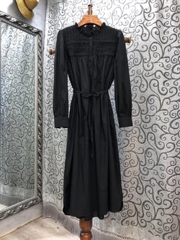Kokvilnas Kleita 2020 Rudens Modes Apģērbi Sievietēm Kroku Raibs Garām Piedurknēm Vidum Teļš Garums Black Green Gadījuma Darbu Kleita