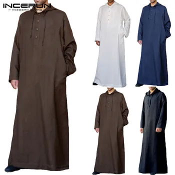 INCERUN ir 2021. Vīriešiem Islāma Musulmaņu Arābu Kaftan Cietā garām Piedurknēm ar Kapuci Jubba Thobe Saūda Arābija Drēbes Thobe Musulmaņu Vīriešu Apģērbu 5XL