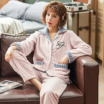 Sievietēm Miega Uzvalks Flaneļa Pidžamas Komplekts Ziemas 2GAB Naktsveļu Gadījuma Peldmētelis Sleepwear Long Sleeve Siltu, Biezu Homewear Pijamas