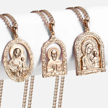 Jaunava Marija, Jēzus, Kulons, Kaklarota Sievietēm, Vīriešiem 585 Rožu Zelta Kaklarota Sieviete Vīriešu Rotaslietas Vairumtirdzniecība Modes Dāvanas 50.5 cm GPP1