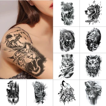 Tinte Tattoo dzīvnieku Black pagaidu tetovējumu uzlīmes Vilks tīģeris, zirgs Ūdensizturīgs viltus tetovējums Zvērs Body art tetovējumu uzlīmes