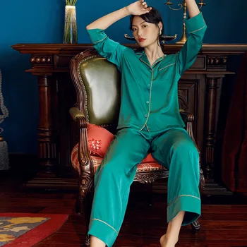 Jaunā Stila Zīda Pidžamas Komplekts Rudens/Ziemas Modes Mazo Atloks, Krāsu Kontrasts, Krāsu Apgriešana Ar Garām Piedurknēm Loose Fit Loungewear