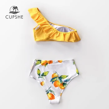 CUPSHE Dzeltenās Citronu Izdrukāt Vienu Plecu Augstas Starām., Bikini Komplekti Sexy Peldkostīms Divi Gabali Peldkostīmi Sievietēm Ir 2021. Pludmales Peldvietu Uzvalki