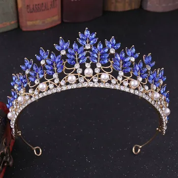 FORSEVEN Jaunu Retro Baroka Blue Rose Gold Crystal Imitētu Pērles Tiara Vainagu de Noiva Līgava Kāzu Puse, Matu Rotas, diadema