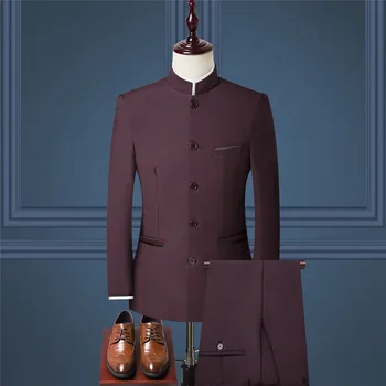 Ķīniešu Stilā Mens 2 Gabals Uzvalks ( Žakete + Bikses) Rudens Jaunu Zīmolu Vīriešu Retro Jaka un Bikses Zila Melna Sarkana Plus Izmērs S-6XL