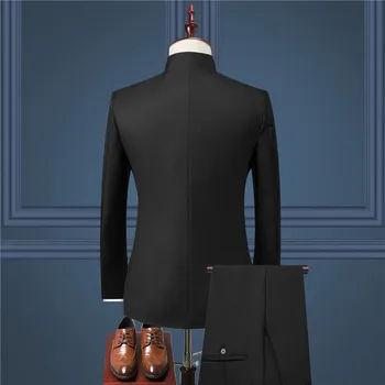 Ķīniešu Stilā Mens 2 Gabals Uzvalks ( Žakete + Bikses) Rudens Jaunu Zīmolu Vīriešu Retro Jaka un Bikses Zila Melna Sarkana Plus Izmērs S-6XL