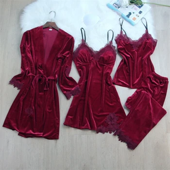 Rudens Ziemas Sievietes Samta Pidžamas Komplekts Mīksto Sabiezēt Sexy Sleepwear Ladie 4GAB Pilnu Piedurknēm ar Mežģīņu Naktskrekls Pirts Drēbes, Apakšveļa, Uzvalks