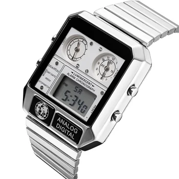 DUANTAI Mens Luksusa Modes Pilnu Tērauda Kvadrātveida Skatīties Dual Sinhronā Un 10-Bitu LED Digitālo Skatīties Vīriešu Sporta Skatīties мужские часы