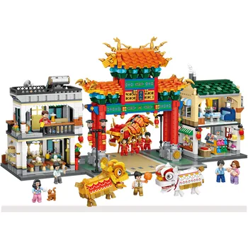 Jaunu LOZ min chinatown 1030 Ķīnas Tradicionālo Kultūru Celtniecības Bloki Pūķis Lion Dance /Ielu apskatītu Arhitektūru, dāvanas 3581pcs