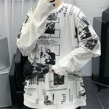 Hip Hop Korejas T-Krekls Mens Casual Rudens Topi Tee Viltus Divus Gabalus Ar Garām Piedurknēm Vīriešu T Krekls Modes Japāna T Streetwear Zēni