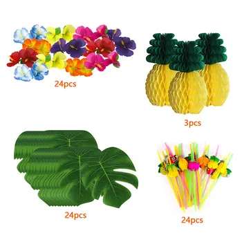 Smieklīgi Tropu Havaju Puse Dekorēšanas Komplekts ar Zīda Hibiscus Ziedi Palmu Lapām, Ananāsi Mini Jumta Cupcake Toppers