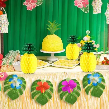 Smieklīgi Tropu Havaju Puse Dekorēšanas Komplekts ar Zīda Hibiscus Ziedi Palmu Lapām, Ananāsi Mini Jumta Cupcake Toppers