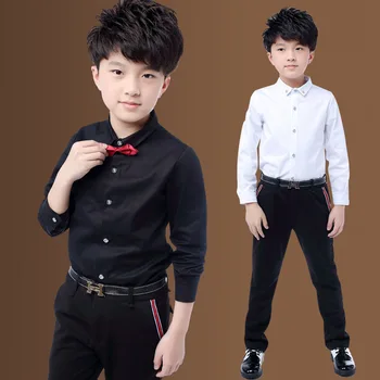 Jaunu Bērnu Zēnu Krekli, Kokvilnas Ciets Melns Un Balts Krekls Ar Kaklasaiti Zēniem Par 3-15 Gadi Pusaudžu Skolas Skatuves Tērpi Blūze