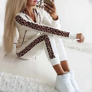 2 Gabals, kas Sievieti pelēkā vārna Bikses Tracksuit Rudens Ziemas Sievietes Leopard Sportwear Gadījuma Sieviešu Rāvējslēdzēju Skriešanas Tērps Plus Izmērs 3XL