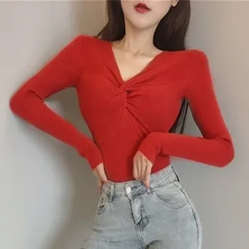 Džemperis Sievietēm Cietā Kroku V-veida kakla Moderns Sexy Ins korejiešu Stilā Šiks Gadījuma Visu maču Sieviešu Trikotāžas Slim Džemperi Streetwear