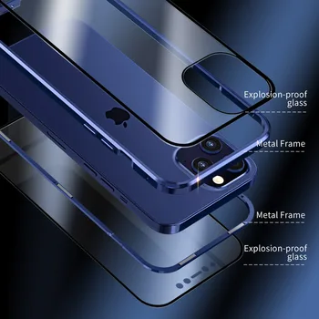 360 Pilnībā Aptver Magnētiskais Metāla Gadījumā, iPhone 12 Pro Max Mini Priekšējais + Aizmugurējais Skaidrs, Rūdīts Stikls Grūti Aizsardzības Vāciņu Coque
