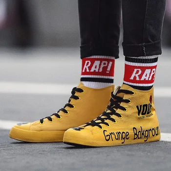 Modes Izdrukāt Augstas top Hip hop Audekla Čības Vīriešiem Streetwear Dzeltena Elpojošs Vīriešiem Audekla Kurpes Gadījuma chaussures hommes 2020