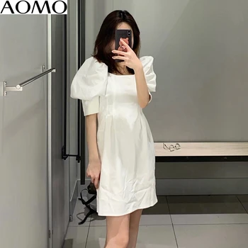AOMO modes sievietes vasaras kleita baltā puse kleita puff īsām piedurknēm backless rāvējslēdzēju sieviešu mini kleitas vestidos 4M152A