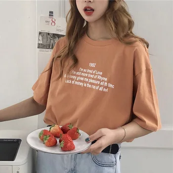 Vasarā Jauni T-krekli Sieviete modes Vienkāršas vēstules Drukāt tee krekls ar Īsām Piedurknēm Apaļu Kakla gadījuma cute Topi Slim pamata T krekls