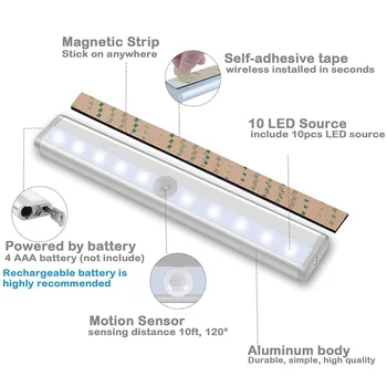LED Kustības Sensors, Gaismas 10 LED Bezvadu Saskaņā ar ministru Kabineta Akumulatoru Powered Gaismas Stick-on Magnētisko Nakts Lampas korpusa Gaitenis