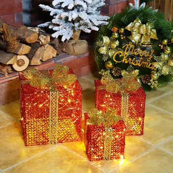 Ziemassvētku Dāvanu Kastē Lampas Trīs gabals, kas Ar Bateriju Kārba Brīvdienu Gaismas Stīgu Silti Balta Ziemassvētku LED Kaltas Dzelzs Dekoru Scen