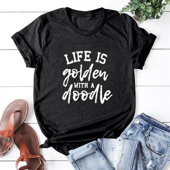 Dzīve Ir Zelta ar Doodle Drukāt Tee Kreklu Femme O-veida kakla Īsām Piedurknēm Kokvilnas T Krekls Sievietēm Vaļīgas, T Krekli, Sieviešu Topi,