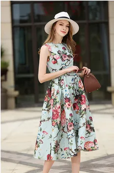 Urumbassa sieviešu kleita 2018. gada vasarā, skrejceļi, ziedu drukāt bez piedurknēm bumbu kleita kleita salds Veste Kleita dāmas puse kleita