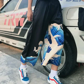 Vasaras Elastīgs Viduklis Vaļīgas Bikses, Sieviešu Apģērbs Augstas Streetwear Hiphop Taisni Vintage Japānas Stila Vilnis Drukāt Plaša Kāju Bikses