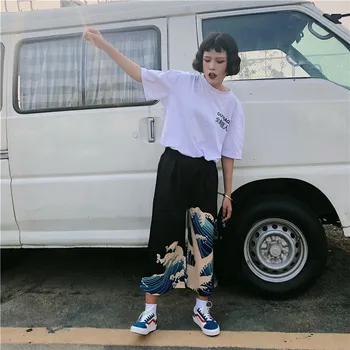 Vasaras Elastīgs Viduklis Vaļīgas Bikses, Sieviešu Apģērbs Augstas Streetwear Hiphop Taisni Vintage Japānas Stila Vilnis Drukāt Plaša Kāju Bikses