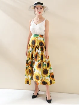 Pielāgot kas Sievietēm Vasaras Modes Gadījuma Plus Izmērs 3XL-10XL Augsta Vidukļa Ziedu Saulespuķu Drukāt Maxi Ilgi Līnija Svārki