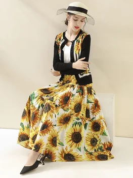 Pielāgot kas Sievietēm Vasaras Modes Gadījuma Plus Izmērs 3XL-10XL Augsta Vidukļa Ziedu Saulespuķu Drukāt Maxi Ilgi Līnija Svārki