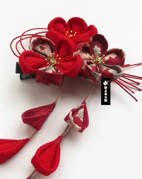 Japāņu Stilā Darinātas Matu Rotas Sakura Pušķis Sarkano līgava Galvassegu Kostīmu Kimono, Matu Aksesuāri, Ziedu Matadatu Cosplay