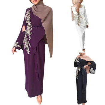 Sievietēm Musulmaņu Dubaija Abaya Garām Piedurknēm Maxi Kleita Ar Ziedu Mežģīnes Frēzēšana Hijab Kaftan